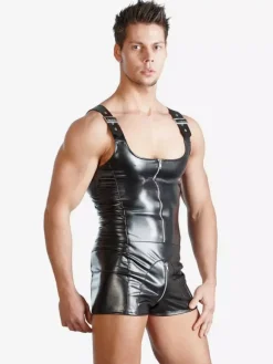 Men Faux Leather Suspender Short Bodysuit Front Zipper Teddy