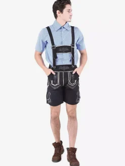 Men Oktoberfest Costumes Light Sky Blue Embroidered Gingham Cotton Shirt With Shorts Holidays Costumes Halloween