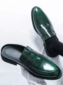 Men Penny Loafers Backless Slip On Mule Breathable Leather Shoes Fashionable Semi Slipper Design Party Outdoor Casual Shoes