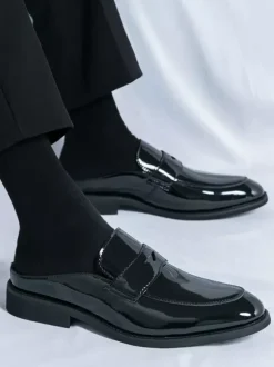 Men Penny Loafers Backless Slip On Mule Breathable Leather Shoes Fashionable Semi Slipper Design Party Outdoor Casual Shoes