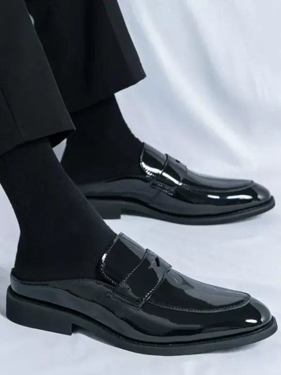 Men Penny Loafers Backless Slip On Mule Breathable Leather Shoes Fashionable Semi Slipper Design Party Outdoor Casual Shoes
