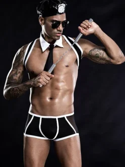Men Sexy Costume Black Adult Jumpsuit Hat Cravat 3-Piece Set Night Club Wear