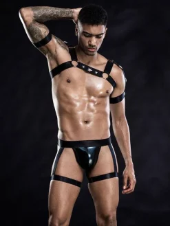 Men Sexy Costume Halloween Black Bandage Harness Night Club Wear