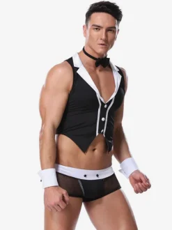 Men Sexy Costume Lingerie Halloween Adult's Pants Top Cravat Armwear Night Club Wear