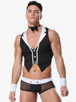 Men Sexy Costume Lingerie Halloween Adult's Pants Top Cravat Armwear Night Club Wear