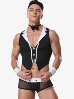 Men Sexy Costume Lingerie Halloween Adult's Pants Top Cravat Armwear Night Club Wear