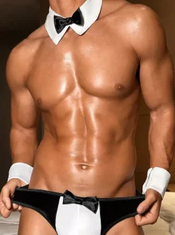Men Sexy Waiter Costume Cravat Pants Polyester Night Club Wear