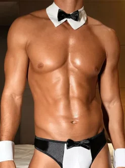 Men Sexy Waiter Costume Cravat Pants Polyester Night Club Wear
