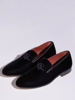 Men Slip On Loafer penny Shoes Black Suede Round Toe Embroidered Artwork Dress Prom Party Wedding Shoes