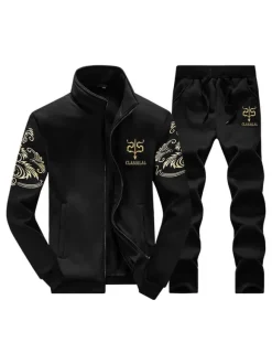 Men Activewear 2-Piece Set Artwork Long Sleeves Stand Collar Dark Navy Activewear Outfit