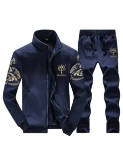 Men Activewear 2-Piece Set Artwork Long Sleeves Stand Collar Dark Navy Activewear Outfit