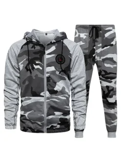 Men Activewear 2-Piece Set Camouflage Long Sleeves Hooded Grey Activewear Outfit