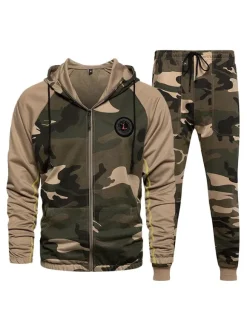 Men Activewear 2-Piece Set Camouflage Long Sleeves Hooded Grey Activewear Outfit