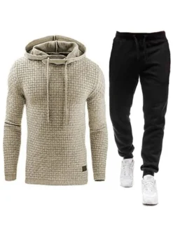 Men Activewear 2-Piece Set Long Sleeves Hooded Light Gray Activewear Outfit