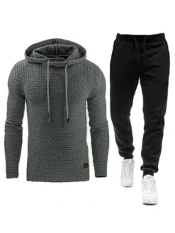 Men Activewear 2-Piece Set Long Sleeves Hooded Light Gray Activewear Outfit