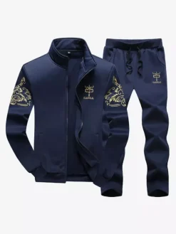 Men Activewear 2-Piece Set Printed Long Sleeves Jewel Neck Dark Navy Activewear Outfit
