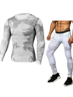 Men Activewear 2-Piece Set Printed Long Sleeves Jewel Neck Hunter Green Activewear Outfit