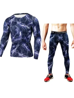 Men Activewear 2-Piece Set Printed Long Sleeves Jewel Neck Hunter Green Activewear Outfit