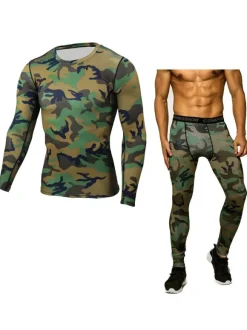 Men Activewear 2-Piece Set Printed Long Sleeves Jewel Neck Hunter Green Activewear Outfit