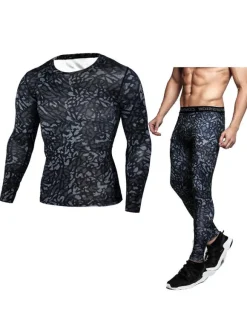 Men Activewear 2-Piece Set Printed Long Sleeves Jewel Neck Hunter Green Activewear Outfit
