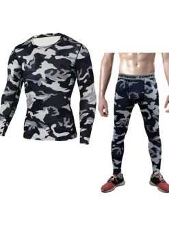 Men Activewear 2-Piece Set Printed Long Sleeves Jewel Neck Hunter Green Activewear Outfit