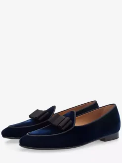 Men Belgian Loafer Party Shoes Velvet Round Toe Bow Slip On Loafers Deep Blue Prom Shoes