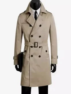 Men Belted Long Sleeve Double Breasted Coats