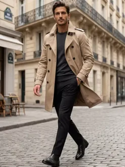 Men Belted Long Sleeve Double Breasted Coats