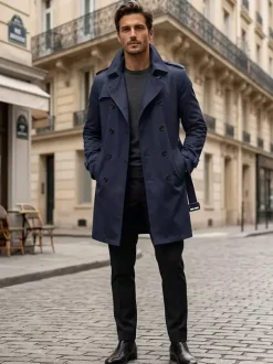 Men Belted Long Sleeve Double Breasted Coats