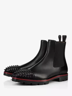 Men Black Cowhide Square Toe Handmade Spikes Punk Style with lug sole Chelsea Ankle Boots