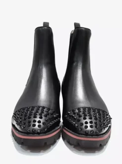 Men Black Cowhide Square Toe Handmade Spikes Punk Style with lug sole Chelsea Ankle Boots