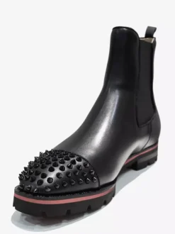 Men Black Cowhide Square Toe Handmade Spikes Punk Style with lug sole Chelsea Ankle Boots