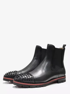 Men Black Cowhide Square Toe Handmade Spikes Punk Style with lug sole Chelsea Ankle Boots