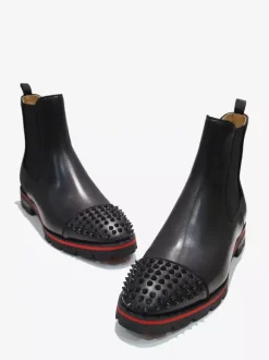 Men Black Cowhide Square Toe Handmade Spikes Punk Style with lug sole Chelsea Ankle Boots