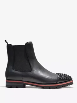 Men Black Cowhide Square Toe Handmade Spikes Punk Style with lug sole Chelsea Ankle Boots