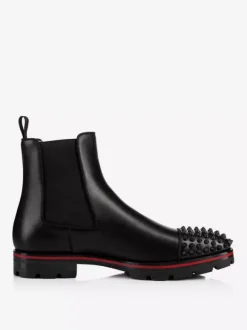 Men Black Cowhide Square Toe Handmade Spikes Punk Style with lug sole Chelsea Ankle Boots