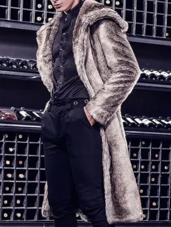 Men Brown Coat Two Tone Turndown Collar Winter Overcoat Longline Faux Fur Coat