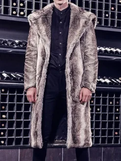 Men Brown Coat Two Tone Turndown Collar Winter Overcoat Longline Faux Fur Coat