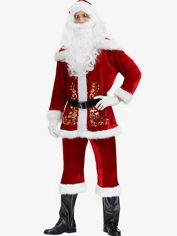 Men Christmas Costume Full Set Burgundy Polyester Fiber Hat Sash Gloves Polyester Color Block Christmas Holidays Costumes