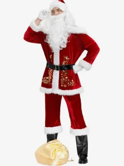 Men Christmas Costume Full Set Burgundy Polyester Fiber Hat Sash Gloves Polyester Color Block Christmas Holidays Costumes