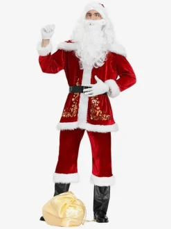 Men Christmas Costume Full Set Burgundy Polyester Fiber Hat Sash Gloves Polyester Color Block Christmas Holidays Costumes