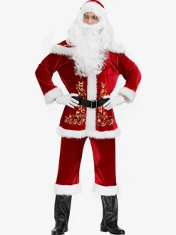 Men Christmas Costume Full Set Burgundy Polyester Fiber Hat Sash Gloves Polyester Color Block Christmas Holidays Costumes