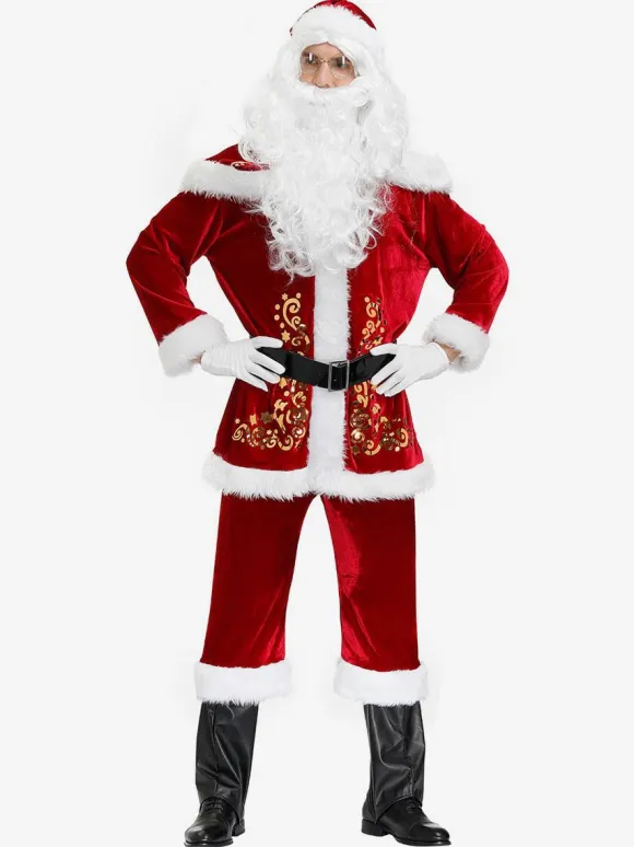 Men Christmas Costume Full Set Burgundy Polyester Fiber Hat Sash Gloves Polyester Color Block Christmas Holidays Costumes