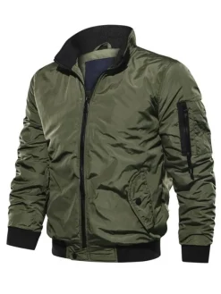 Men Denim Jacket Polyester Modern Stand Collar Long Sleeves Hunter Green Regular Fit Jacket