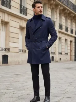 Men Double Breasted Coats Dark Blue Military Jackets