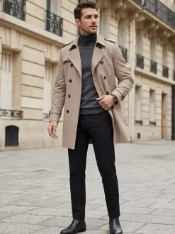 Men Double Breasted Coats Dark Blue Military Jackets