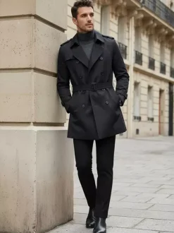 Men Double Breasted Coats Dark Blue Military Jackets