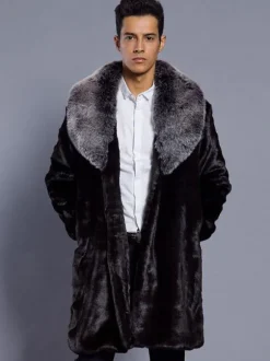 Men Faux Fur Coat Winter Coat Turndown Collar Long Sleeve Regular Fit Overcoat