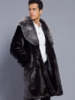 Men Faux Fur Coat Winter Coat Turndown Collar Long Sleeve Regular Fit Overcoat