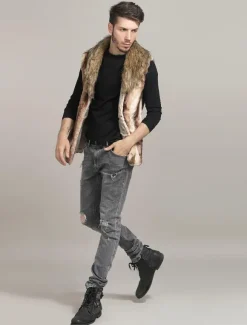 Men Faux Fur Vest Furry Waistcoat Pillow Collar Winter Coat